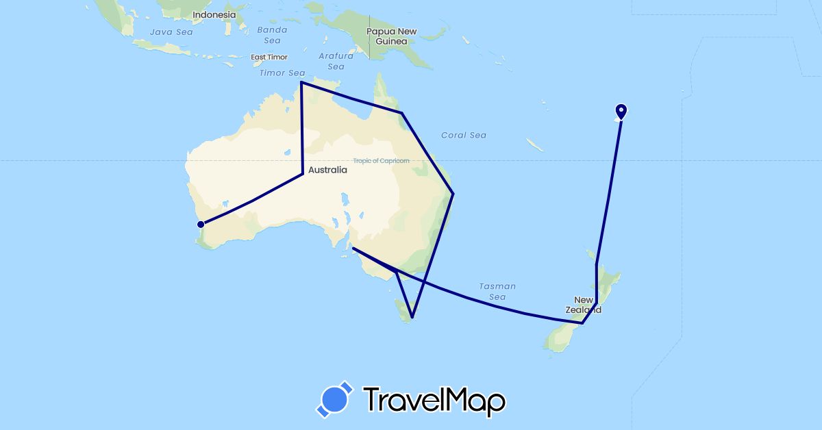TravelMap itinerary: driving in Australia, Fiji, New Zealand (Oceania)